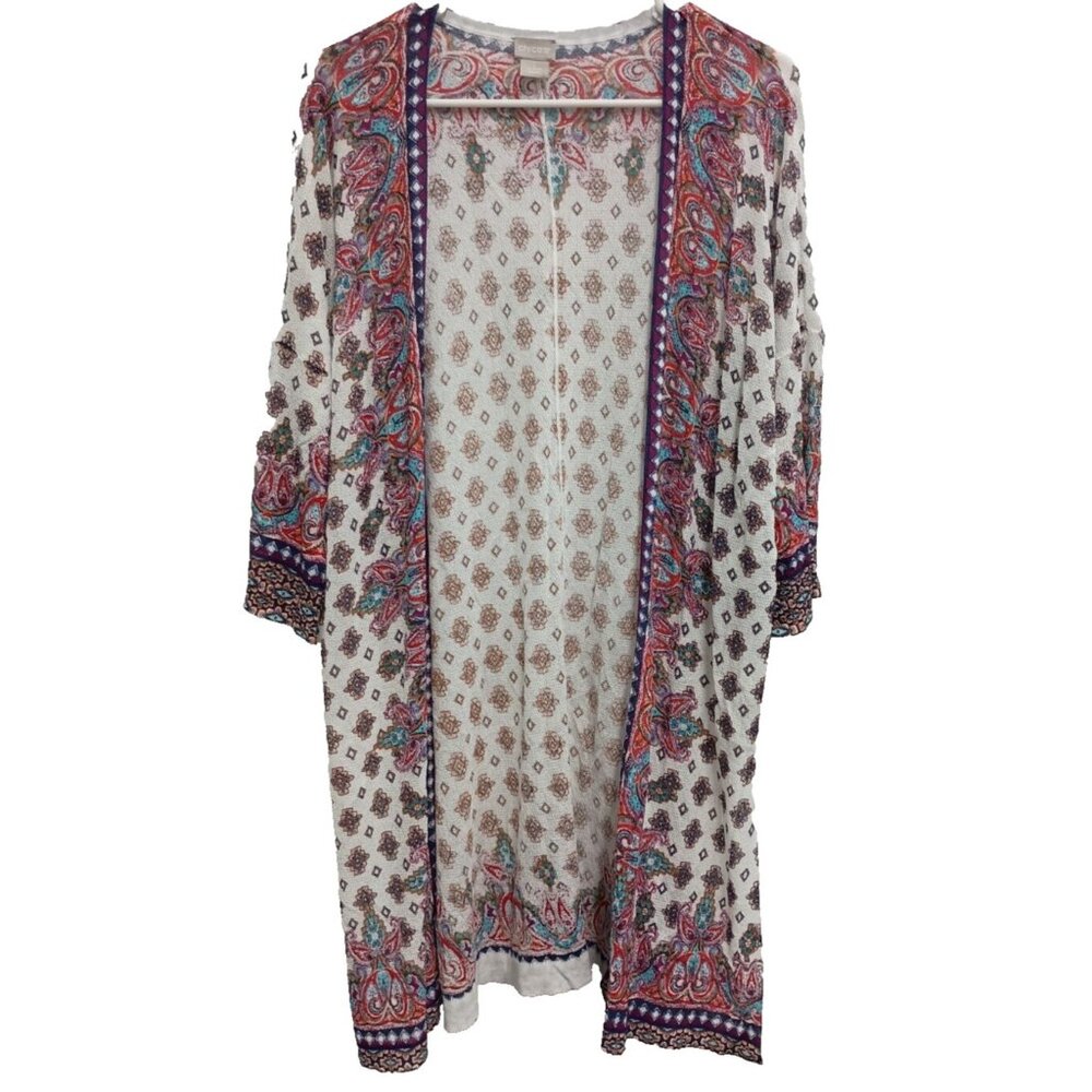 Chicos BOHO Cottagecore Cardigan Womens Medium Paisley Open 3/4 Sleeve Duster